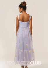 Jennifer | Light Purple Floral A Line Sweetheart Midi Prom Dress - Light Purple Floral - PromDressClub